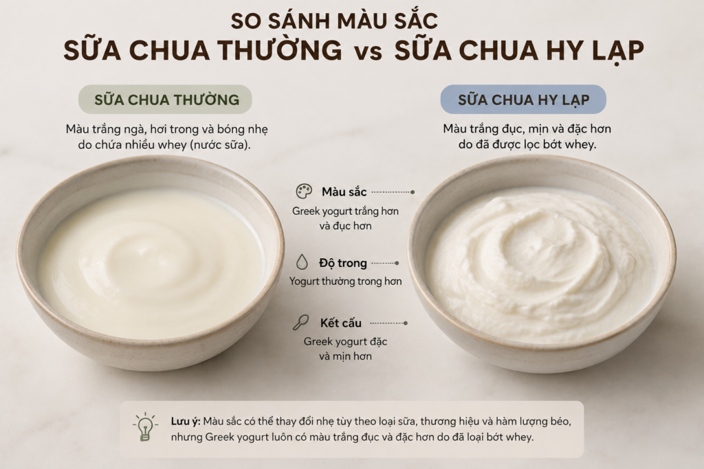 Màu trắng khác nhau giữa sữa chua thường và sữa chua Hy Lạp