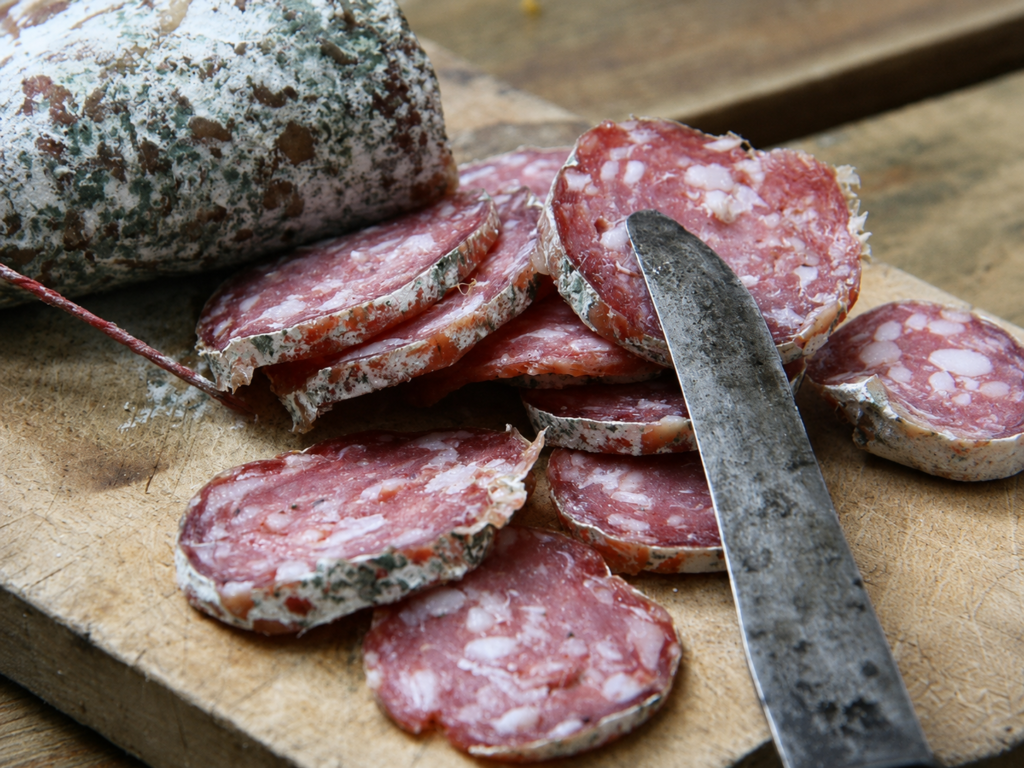 Salami hỏng thường đổi màu, ẩm nhớt và biến đổi kết cấu