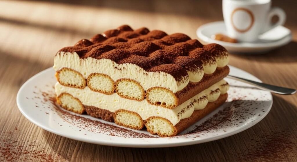 Tiramisu với các lớp ladyfinger thấm cà phê, kem mascarpone và cacao phủ trên cùng Tiramisu với các lớp ladyfinger thấm cà phê, kem mascarpone và cacao phủ trên cùng